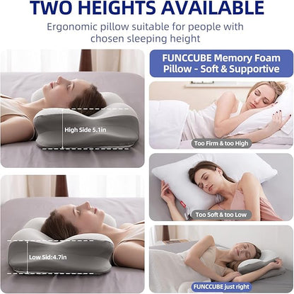 Cervical Neck Pillow for Sleeping, Dual-Height Contour Pillow for Neck Pain Relief, Butterfly Ergonomic Memory Foam Neck Support Pillow with Cooling Breathable Cover for Side Sleepersr, Queen White