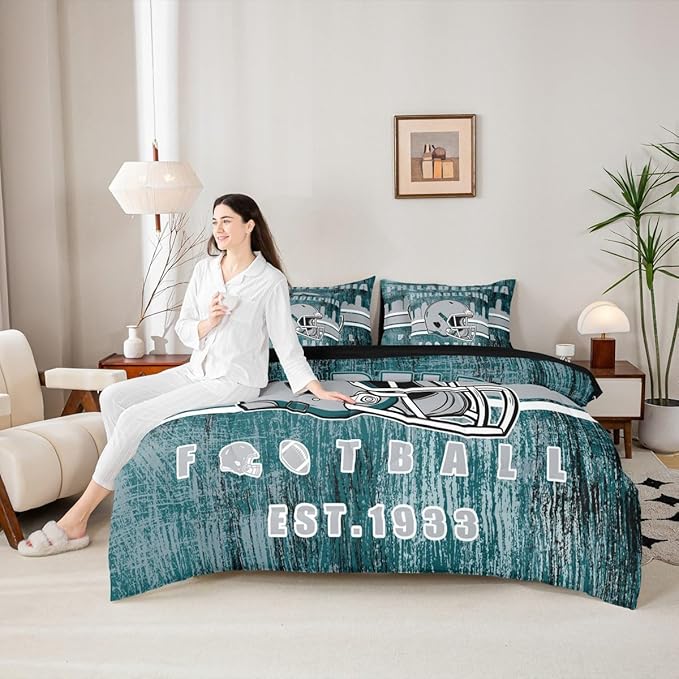 Erosebridal 7Pcs Boys Classic Football Seasonal Bedding Set Sports City Rugby Decor Bed in A Bag, Football Game Theme Comforter Sets with Sheets Grey and Turquoise Sports Helmet Bed Set King Size