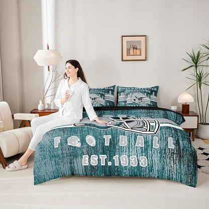 Erosebridal 7Pcs Boys Classic Football Seasonal Bedding Set Sports City Rugby Decor Bed in A Bag, Football Game Theme Comforter Sets with Sheets Grey and Turquoise Sports Helmet Bed Set Full Size