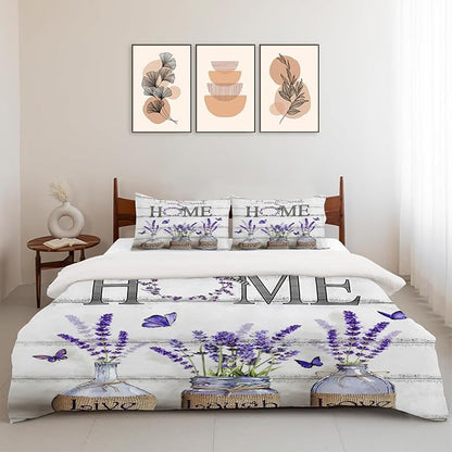 Lavender Theme 3 Pieces Duvet Cover Comforter Set with 2 Pillowcase Twin Size Purple Flower Bed Sheet Quilt Bedroom Bedding for Lover Kids