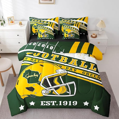 Erosebridal Football Seasonal King Bedding Sets for Boys Girls Adults Football Illustration Comforter + Flat Sheet + Fitted Sheet + 2 Pillowcases + 2 Throw Pillow Covers