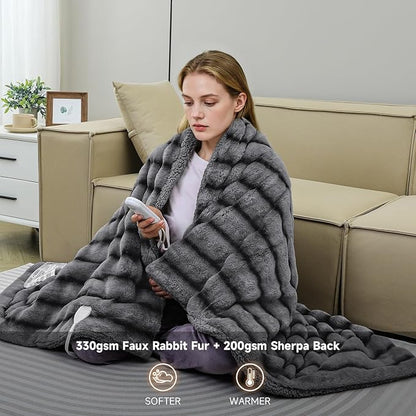 Heated Blanket Electric King- 100"x90" Soft Thick Faux Fur Electric Blanket for Sofa with 5 Heat Levels & 10 Hours Auto-Off Overheat Protection, Warm Cozy Gifts, Grey