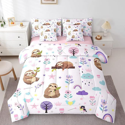 Erosebridal Kids Floral Sloth 7 Piece Bedding Sets Cartoon Animal Comforter Bed in a Bag Cute Flower Printed Quilt with Sheet Set,for Children Boy Girl Teen Kids Bedroom Decor,Queen 7Pcs