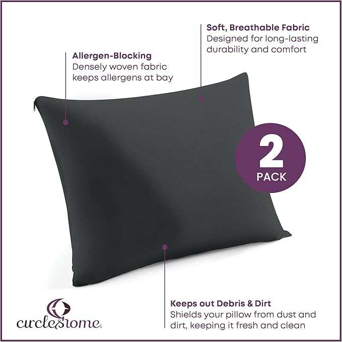 CirclesHome Pillow Protectors 2 Pack King Zippered - 100% Cotton Breathable Pillowcases - Protects Pillows from Dirt, Dust and Debris (King - Set of 2 - 20x36)