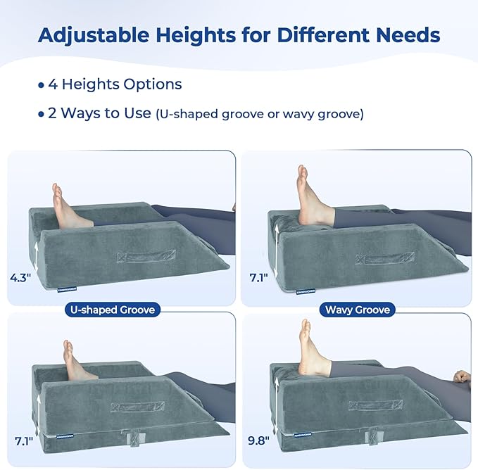 KingPavonini 4 Height-Adjustable Leg Elevation Pillows for After Surgery with Ergonomic Curve, Memory Foam Wedge Pillow for Legs Swelling and Pain Relief, Knee Replacement Recovery Aids (Single Leg)
