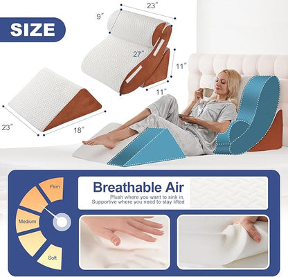 Orthopedic Bed Wedge Pillow Set 4PCS – Memory Foam Pillows for Sleeping, Post Surgery, Back Pain, Sitting Up in Bed, Acid Reflux, Snoring, Leg & Arm Support, White Brown