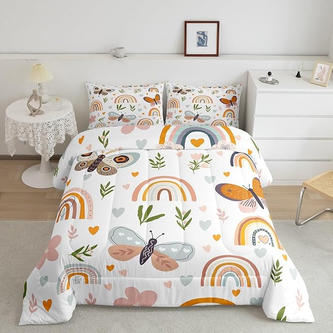 Boho Rainbow Comforter Set Full Size Cute Butterfly Bedding Set 3Pcs for Kids Girls Boys Adult Room Decor Cartoon Love Heart Palm Leaves Quilt Set Animals Botanical Duvet Insert,2 Pillowcase