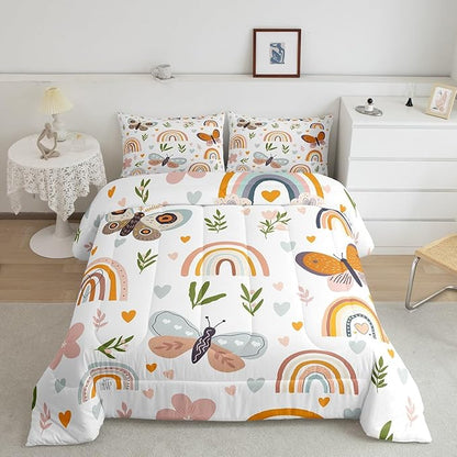 Boho Rainbow Comforter Set Full Size Cute Butterfly Bedding Set 3Pcs for Kids Girls Boys Adult Room Decor Cartoon Love Heart Palm Leaves Quilt Set Animals Botanical Duvet Insert,2 Pillowcase