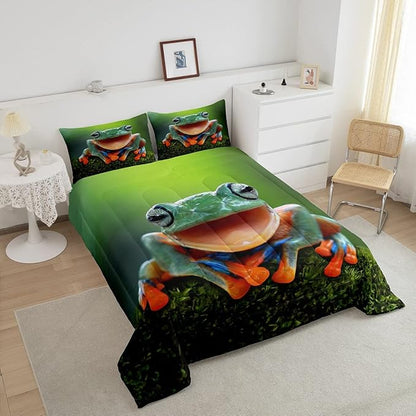 Feelyou Frog Bedding Set Tropical Amphibian Comforter Set for Kids Boys Girls 3D Animal Theme Comforter Tropical Nature Theme Decor Quilt Set Bedroom Collection 2Pcs Twin Size