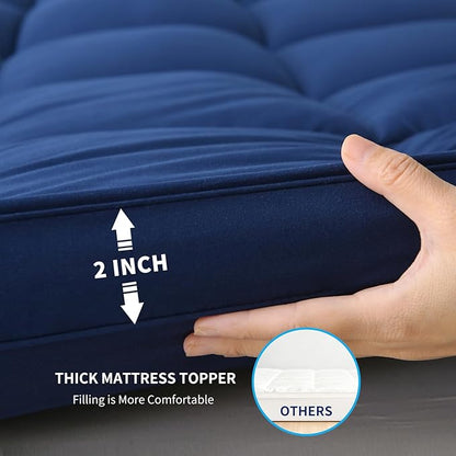 Mattress Topper with Deep Pocket, Extra Thick Pillow Top Mattress Pad, Breathable & Cooling Mattress Cover, Fits 8-21 Inch, Soft Support for Back Pain Relief, Mattress Protector (Full, Navy Blue)
