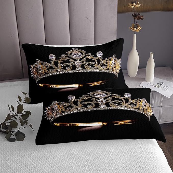 Erosebridal Gold Crown Bedspread King Size Diamonds Coverlet Set for Girls Youth Child,Luxurious Bedding Set Gorgeous Crown Quilt Set Soft Cozy Luxury Bedroom Decor Black