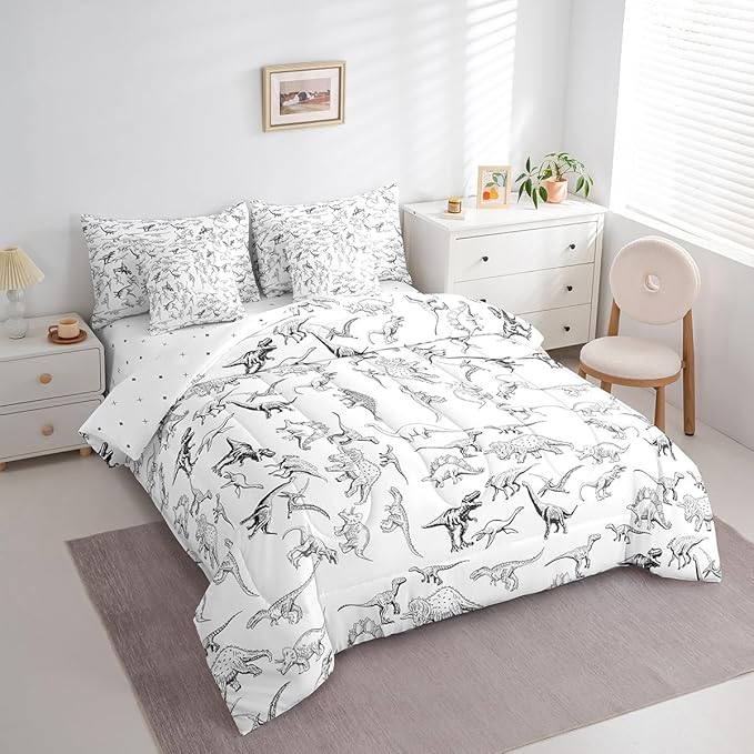 Feelyou Dinosaur Comforter Set With Sheets 7 piece Queen Size 3D Digital Print Bedding Set Jungle Dino Bed in a Bag Wild Animal Black and White Bed Set with Comforter,Sheets,Pillowcases,Cushion Covers