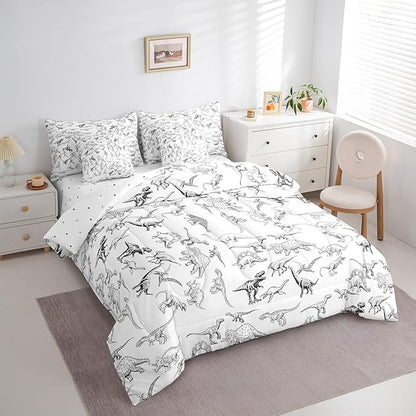 Feelyou Dinosaur Comforter Set With Sheets 7 piece Queen Size 3D Digital Print Bedding Set Jungle Dino Bed in a Bag Wild Animal Black and White Bed Set with Comforter,Sheets,Pillowcases,Cushion Covers