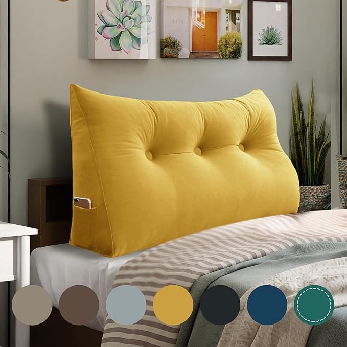 WOWMAX 100% Cotton Velvet Headboard Pillow – Twin Size Wedge Back Support Reading Bolster for Bed & Daybed, Handmade Firm Support Cushion with Removable Cover, Soft Luxury Bed Rest Pillow, Yellow