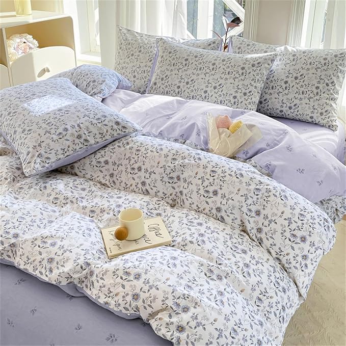 Purple Floral Duvet Cover Queen Size Botanical Aesthetic Garden Style Bedding Set with Yellow Flower 3 Pcs Kids Boys Girls Women Soft Breathable Reversible Comforter Cover