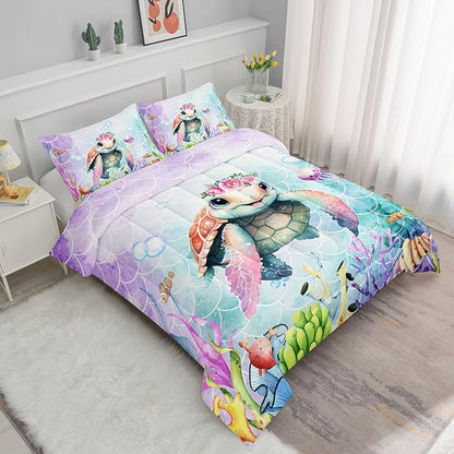 Cartoon Sea Turtle Comforter Set Mermaid Scale Turtle Printed Bedding Set with 1 Comforter and 2 Pillowcases for Boys and Girls Bedroom All Season(Turtle Twin)