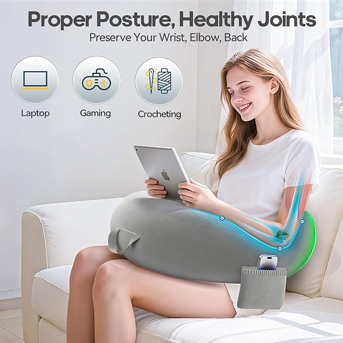 Crochet & Reading Pillow for Lap Support, Gaming Lap Desk Pillow, Sitting on The Bed/Sofa/Floor for Knitting, Large & Ergonomic Arm Rest Support, Pet Bed for Ipad/Laptop/Kindle - Grey