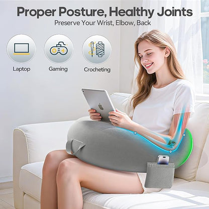 Crochet & Reading Pillow for Lap Support, Gaming Lap Desk Pillow, Sitting on The Bed/Sofa/Floor for Knitting, Large & Ergonomic Arm Rest Support, Pet Bed for Ipad/Laptop/Kindle - Grey