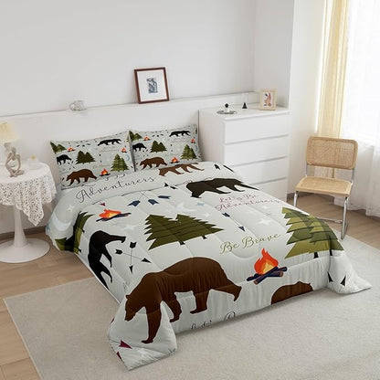 Happy Camping Comforter Set Twin Size Hunt Bear Pine Trees Bedding Set for Kids Boys Men Adults Cabin Room Decor Campfire Arrow Cartoon Quilt Set Wild Outdoor Adventure Duvet Insert 2pcs
