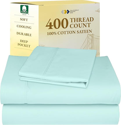California Design Den Twin XL Sheet Sets - Soft 400 Thread Count Sateen, Natural 100% Cotton Sheets Set with Deep Pockets, and Durable Bedding - Seafoam