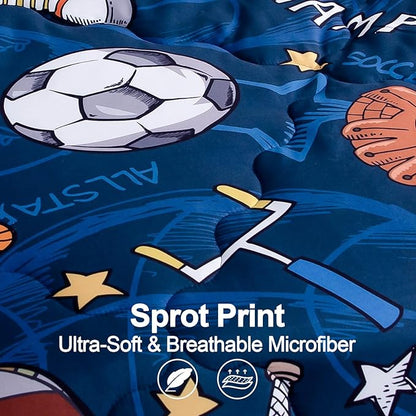 Wajade Sports Comforter Set Bed in A Bag Full Size 7 Piece 3D Soccer Basketball Baseball Football Bedding Set for Kids Boys (1 Comforter, 1 Flat Sheet, 1 Fitted Sheet, 2 Pillowcase and 2 Pillow Sham)