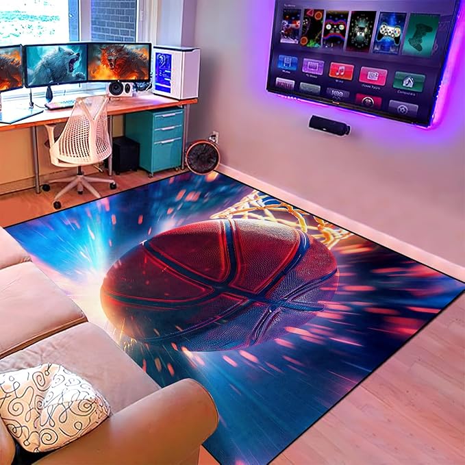Basketball Rug for Boys Bedroom - Sports Rugs for Boys Bedroom, Sports Themed Carpet for Teens Kids Basketball Carpet for Living Room Floor Mat, Blue, 4.5x6 Feet