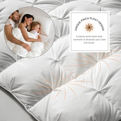 Royoliving Premium Feathers Down Comforter 100% Cotton Cover Duvet Insert with Corner Tabs (White Twisted Flower, King All Season)