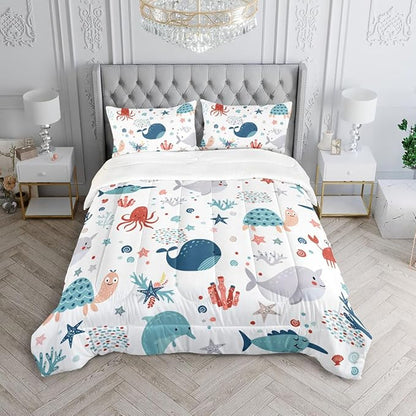 Kids Turtle Comforter Set Full Beach Theme Dolphin Starfish Seaweed Bedding Set Sea Animal Octopus Reptile Bed Set with 2 Pillowcases for Boys Girls Room Decor