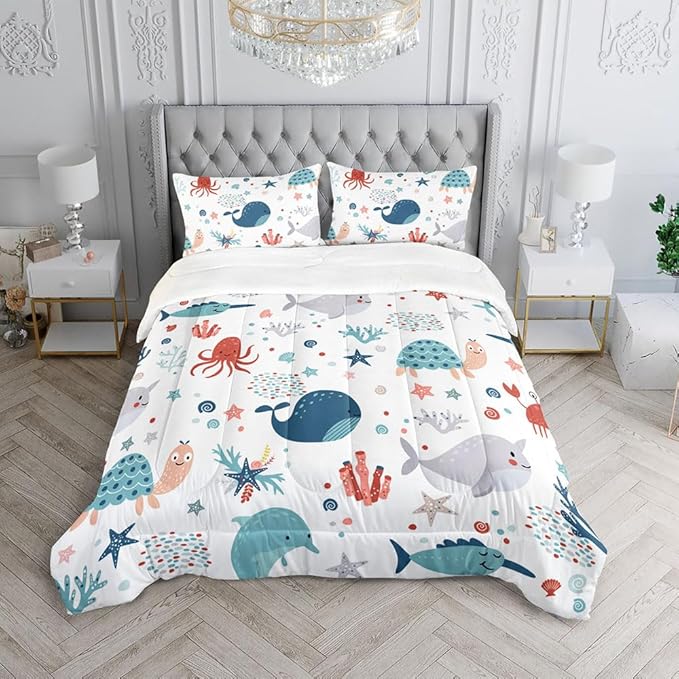 Kids Turtle Comforter Set Twin Beach Theme Dolphin Starfish Seaweed Bedding Set Sea Animal Octopus Reptile Bed Set with 2 Pillowcases for Boys Girls Room Decor