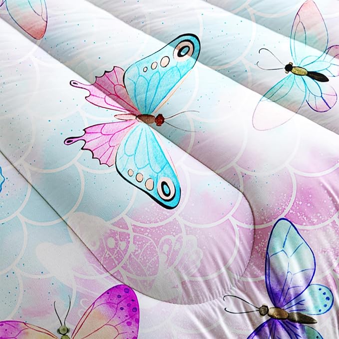 Rainbow Butterfly Comforter Set Full Size for Girls Kids Adults Mermaid Scales Pattern Bedding Set Aesthetics Butterflies Quilt Bed Set with 1 Comforter and 2 Pillowcases