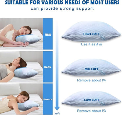 Cooling Pillows Queen Size Set of 2 - Shredded Memory Foam Cold Pillows That Stay Cold Soft Pillow for Sleeping, Adjustable Bed Pillow for Side, Back, and Stomach Sleepers