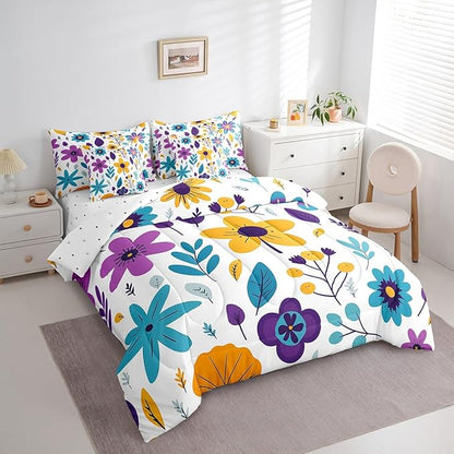 Feelyou Cute Flower Comforter Set with Sheets King Cute Flower Floral 7 Piece Bedding Set for Kids Girls Teens Toddler Cartoon Floral Bed in a Bag Yellow Purple Bed Set