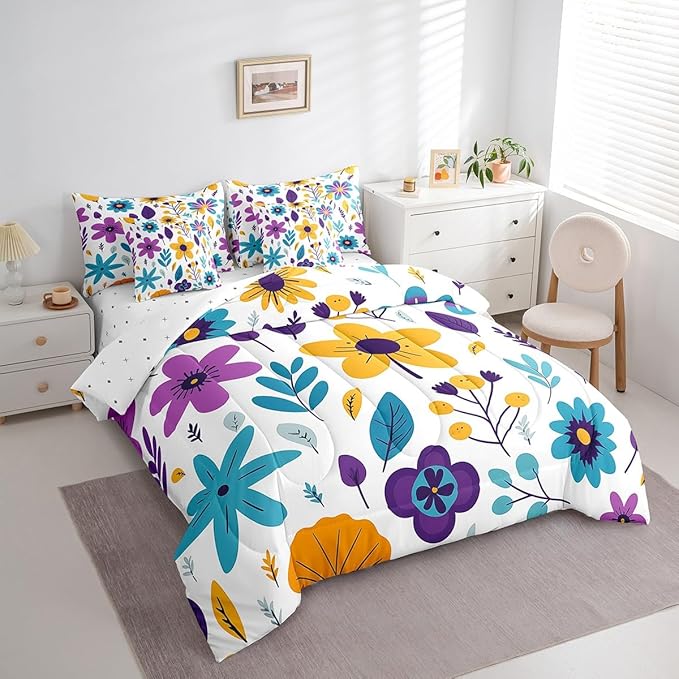 Feelyou Cute Flower Comforter Set with Sheets Full Cute Flower Floral 7 Piece Bedding Set for Kids Girls Teens Toddler Cartoon Floral Bed in a Bag Yellow Purple Bed Set