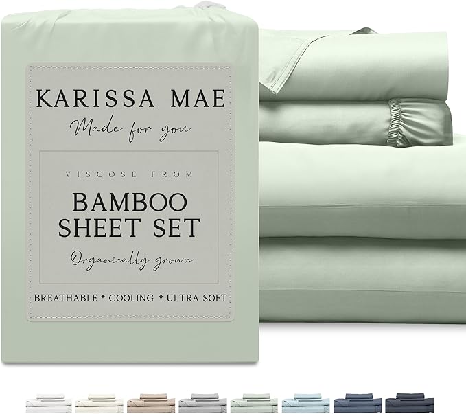 KARISSA MAE Cooling Bamboo Viscose Queen Size Sheet Set | 100% Organically Grown | 18” Deep Pocket | Silky, Soft, & Hypoallergenic | with Organizer Band & Elastic Corner Straps [Sea Glass]