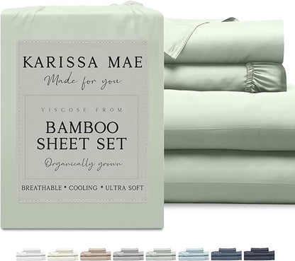 KARISSA MAE Cooling Bamboo Viscose Cal King Sheet Set | 100% Organically Grown | 18” Deep Pocket | Silky, Soft, & Hypoallergenic | with Organizer Band & Elastic Corner Straps [Sea Glass]