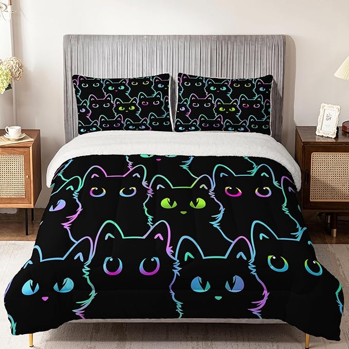 QOOMO Cartoon Cat Sherpa Plush Comforter Set, Full/Queen Size 3 Pieces Cute Animals Comforter Sets, Ultra Soft Cozy Fleece Bedding Set, Bed Sets for All Seasons with 1 Comforter 2 Pillowcases
