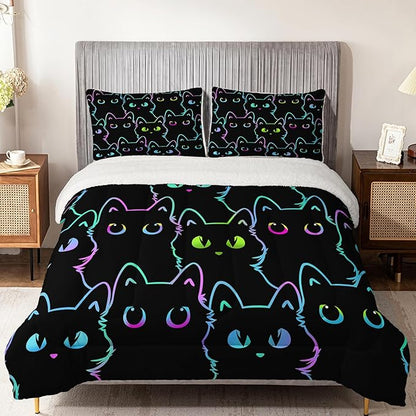QOOMO Cartoon Cat Sherpa Plush Comforter Set, King Size 3 Pieces Cute Animals Comforter Sets, Ultra Soft Cozy Fleece Bedding Set, Comforter Bed Sets for All Seasons