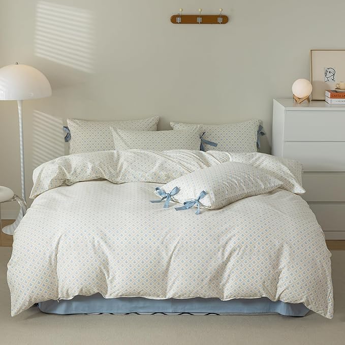AOJIM Kids Adults Plaid Design Duvet Cover Set, 100% Cotton Soft Bedding Comforter Cover Set with Blue Floral Pattern, 1 Twin Quilt Cover 68x86'' and 2 Pillowcases 20x26'' with Bowknot for Room Decor