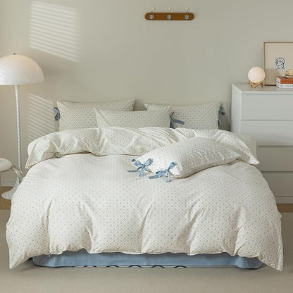 AOJIM Kids Adults Plaid Design Duvet Cover Set, 100% Cotton Soft Bedding Comforter Cover Set with Blue Floral Pattern, 1 Twin Quilt Cover 68x86'' and 2 Pillowcases 20x26'' with Bowknot for Room Decor