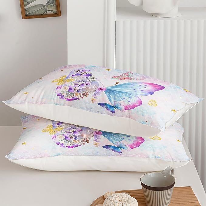 Axolotl Butterfly Bedding King,Rainbow Butterflies Comforter Set for Girls Teens,Butterfly Bedding for Girls with Golden Star Scales,Watercolor Butterflies Quilt Set with 1 Comforter 2 Pillowcases
