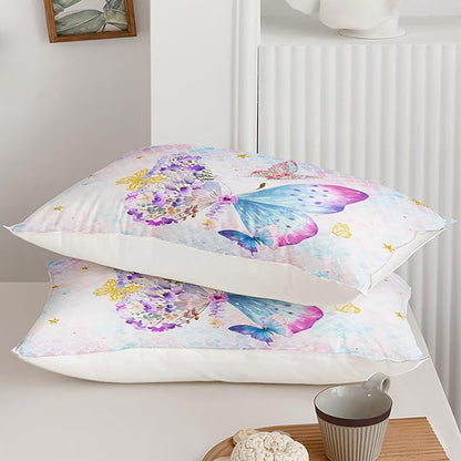 Axolotl Butterfly Bedding King,Rainbow Butterflies Comforter Set for Girls Teens,Butterfly Bedding for Girls with Golden Star Scales,Watercolor Butterflies Quilt Set with 1 Comforter 2 Pillowcases