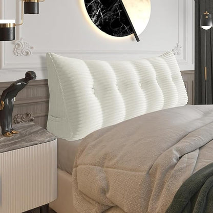 Wedge Headboard Pillow Dorm Room Reading Pillow Back Support for Sitting Up in Bed Bolster Lumbar Cushion Body Positioning Bedrest Corduroy (White, King (76 * 8 * 20in))