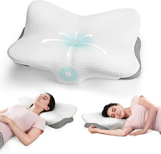 Cervical Pillow for Neck and Shoulder Support - Ergonomic Memory Foam Orthopedic Cervical Pillows with Removable Cover & Adjustable Heights for Side Back Stomach Sleepers (White)