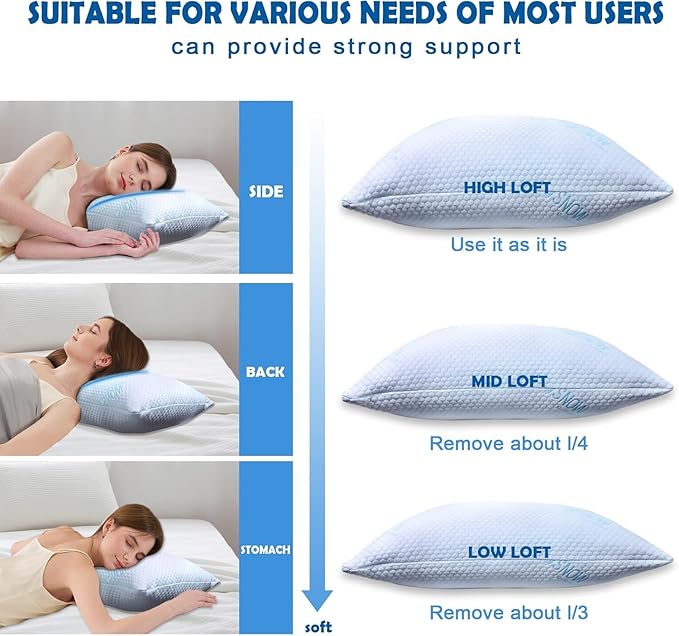 Shredded Foam Pillow Standard Size - Cooling Memory Foam Pillows That Stay Cold Soft Pillow for Sleeping, Adjustable Bed Pillow for Side, Back, and Stomach Sleepers