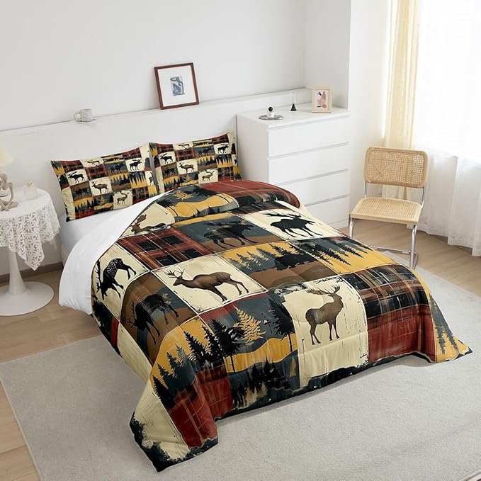 Feelyou Deer Comforter Set Full Size Wild Life Comforter for Boys Girls Teens Forest Bedding Set Grid Duvet Set Room Decor Rust Red Quilt Set