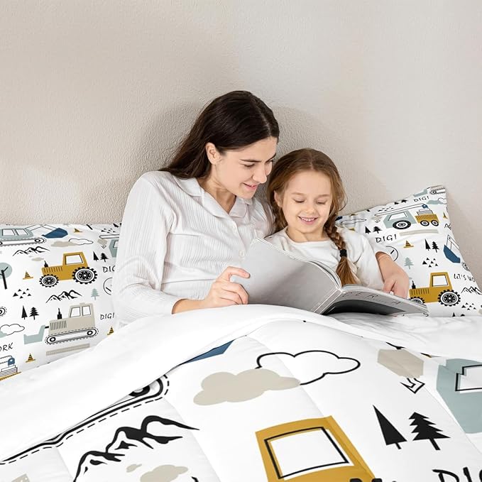 Feelyou Cartoon Car Kids Comforter Set Construction Bedding Set for Boys Toddler Decor Equipment Trucks Comforter Cartoon Car Excavator Tractor White Yellow Duvet Set 2Pcs Twin with 1 Pillow Case