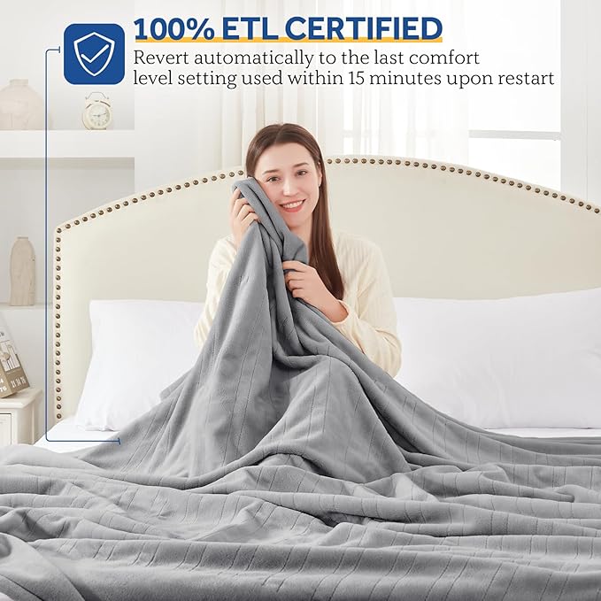 Sealy Electric Blanket Queen Size, Flannel Heated Blanket with 10 Heating Levels & 1-12 Hours Auto Shut Off, Machine Washable, Light Grey, 84 x 90 Inch