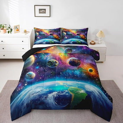 Feelyou Universe Galaxy Comforter Set Toddler Size Kids Planets Earth Bedding Set Boy Girl Teen Solar System Comforter Breathable Outer Space Duvet Set Nebula Quilt Set