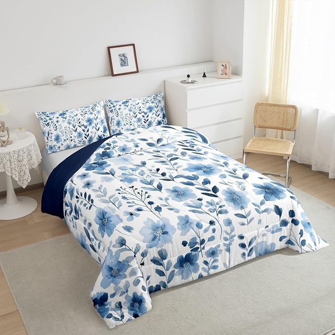 Erosebridal Blue and White Floral Toddler Bedding Set,Vintage Navy Blue Flower Comforter Set for Kids Girls,Botanical Plant Leaves Bed Set,Farmhouse Flowers Room Decor,1 Pillowcase Breathable