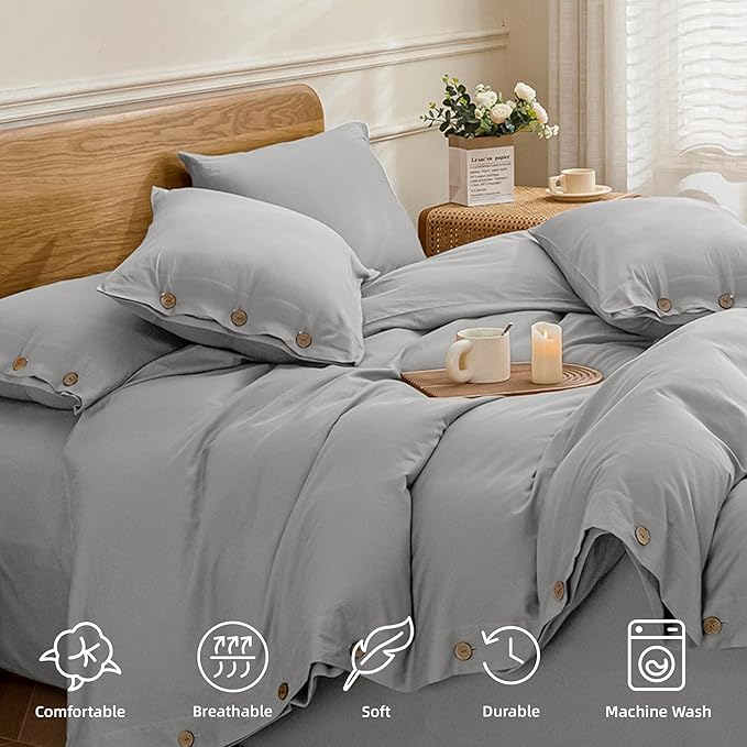 JELLYMONI Cotton Duvet Cover Full Size - Light Gray Comforter Cover with Button 100% Washed Cotton 3PCS Breathable Soft Solid Bedding Set Duvet Cover 80×90in & 2 Pillowcases (NO Comforter)